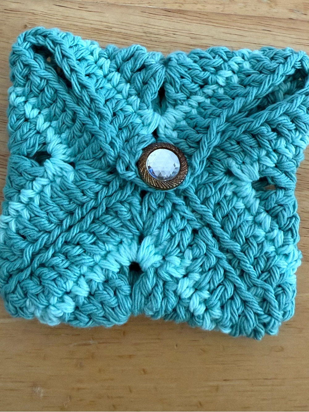 Handmade Teal Crochet Coin purse with Decorative Button